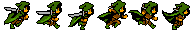 Ziii's walk cycle: six pixel-art frames of the character in her green hooded cloak