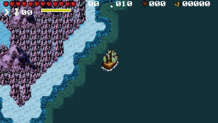 Top-down view of the ship passing a frozen purple coastline
