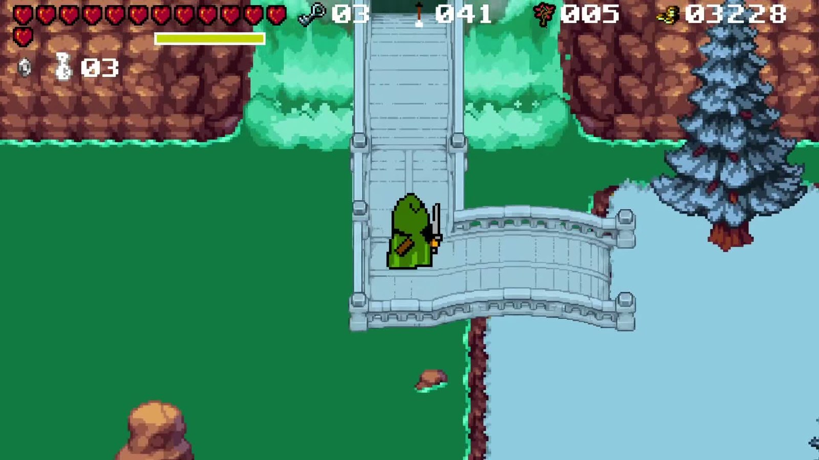 Ziii gameplay: crossing a snow-covered bridge in the ice biome